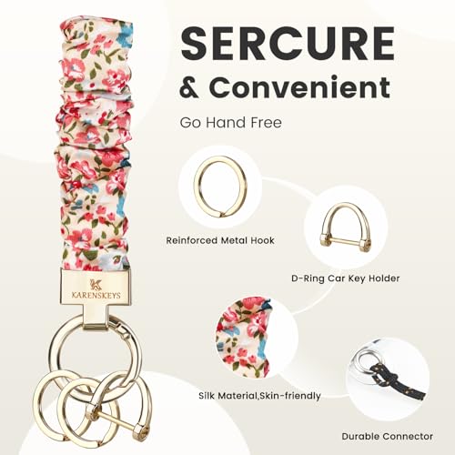 Image of Scrunchie Keychain Wristlet, Key Chain for Car Keys with D Ring, Stretchy Phone Charms with Tether Tab for Women.