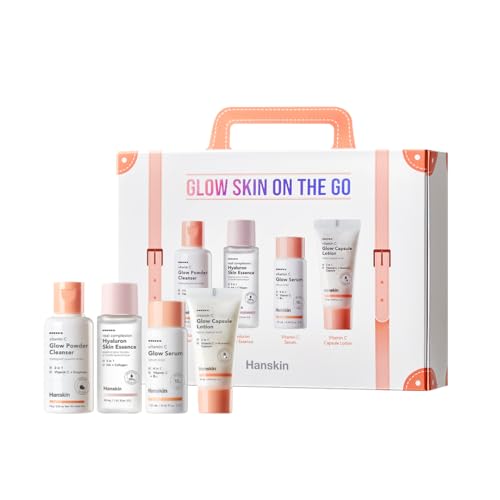 Hanskin Glow Skin On the Go Kit–Brightening & Hydrating Mini Skincare Set with Cleanser, Essence, Serum & Lotion | TSA-Friendly Travel Kit, Holiday Gift, Stocking Stuffer, Teen Girl & Women’s Skincare