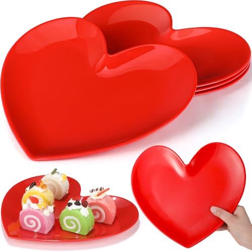 Nuogo 4 Pcs 11" Heart Shaped Melamine Plates Large Valentine's Plates Unbreakable Heart Dessert Dinner Charger Salad Serving Charger for Valentine's Party Anniversary Dating Wedding (Red)