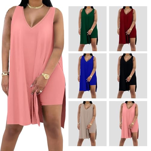 Difanlv Plus Size 2 Piece Outfits for Women Sleeveless Tunic Tops and Bodycon Biker Shorts Sets Tracksuits4