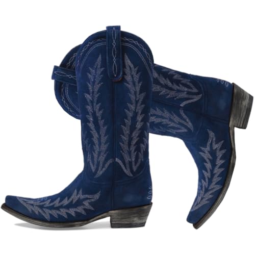 Dystralix Navy Blue Suede Cowboy Boots Women Mid Calf Western Boots Embroidery Low Chunky Stacked Heel Square-Pointy Toe Short Cowgirl Boots Pull On V Cut Fall Winter Boot Dress Retro Navy Blue 11