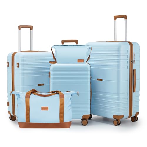 CASELLY Luggage Sets with spinner wheels, PC+ABS Hard Shell Travel Luggage,Lightweight Carry-on suitcases with TSA Lock,YKK Zippers (Light Blue, 5 piece sets(20/24/28/DB/TB))