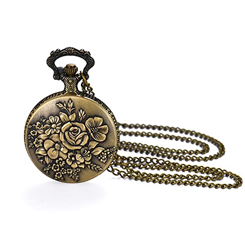 Image of JewelryWe Bronze Flower Pocket Watch: Retro Vintage Pendant Watch with Openwork Cover and 32.3 Inch Chain - for Men Women Daily Wear and Gift Giving