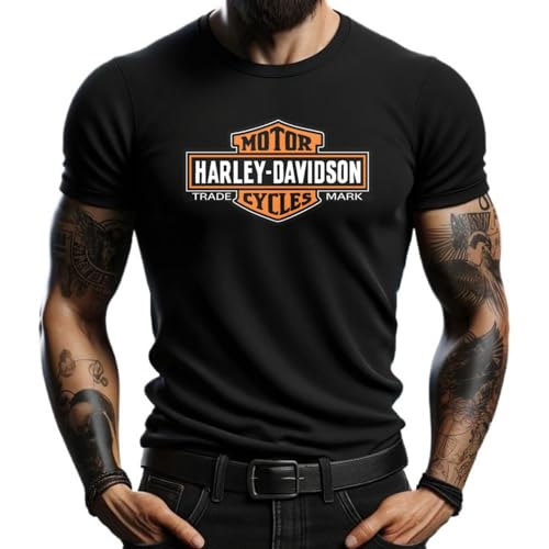 4people Maglietta nera Harley con logo classico arancione - stile casual per gli amanti del motociclo, Nero , S