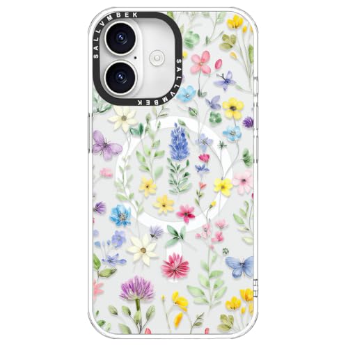 sallvmbek for iPhone 16 Case,Compatible with MagSafe,Cute Floral Print Pattern Kawaii Design,Magnetic Magnet Mag Safe Shockproof Protective Clear TPU Bumper Phone Cases Cover for Women Girly