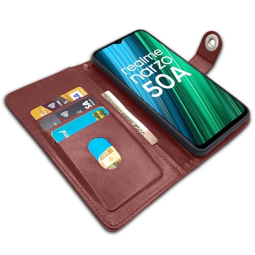 Image of Pikkme Realme Narzo 50A Flip Cover Leather Finish | Inside TPU with Card Pockets | Wallet Stand and Shock Proof | Complete Protection Button Flip Case (Brown)