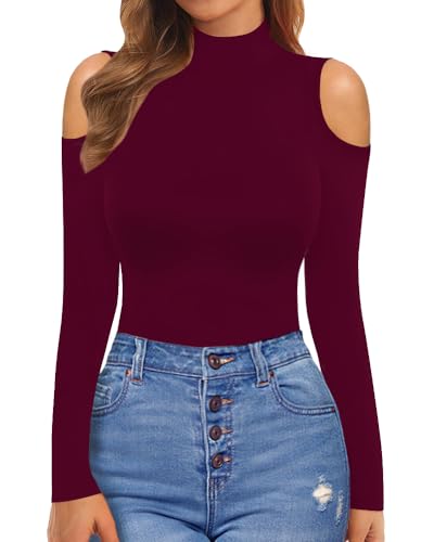 Image of MANGOPOP Long Sleeve Body Suits Mock Turtleneck Sexy Cold Shoulder Cutout Going Out Tops, Burgundy, X-Large