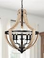 5-Light Farmhouse Wood Chandeliers for Dining Room, Adjustable Height Hanging Rustic Geometric Light Fixture for Kitchen Island Foyer Entryway Living Room