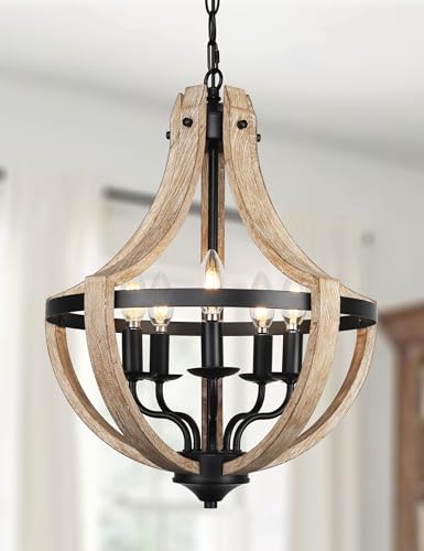 5-Light Farmhouse Wood Chandeliers for Dining Room, Adjustable Height Hanging Rustic Geometric Light...