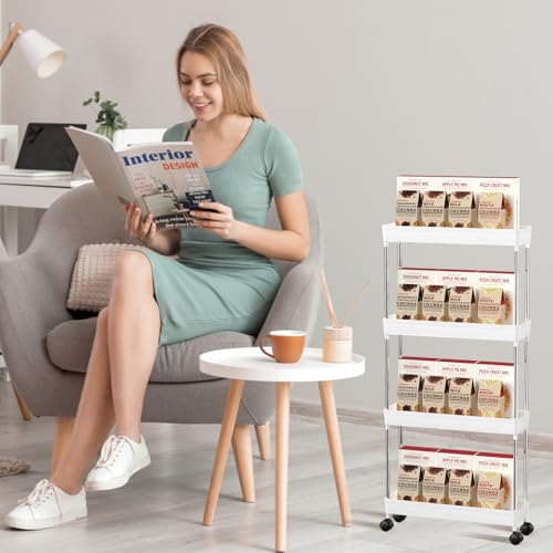 Homshsjhkis Carrito Auxiliar con Ruedas, Carro Cocina Estrecho Alto 4 Niveles, Mueble Auxiliar Baño Estrecho Móvil Multifuncional con 4 Ganchos Extraíbles para Salón,Dormitorio, Oficina, Blanca - imagen 7