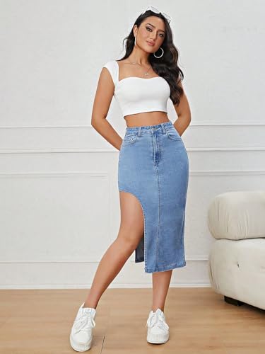 Image of GRECIILOOKS Women's High Waist Denim Skirt with Front Slit - Long Maxi Jean Skirt Casual Fashion - Stylish Denim Skirts for Women