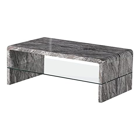 Furniture Express Modern High Gloss Marble Effect Coffee Table with Large Glass Shelf for Living Room Centre Table Reception Room 110 x 60 x 40cm (Grey Marble Effect) Cover