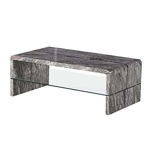 Furniture Express Modern High Gloss Marble Effect Coffee Table with Large Glass Shelf for Living Room Centre Table Reception Room 110 x 60 x 40cm (Grey Marble Effect)