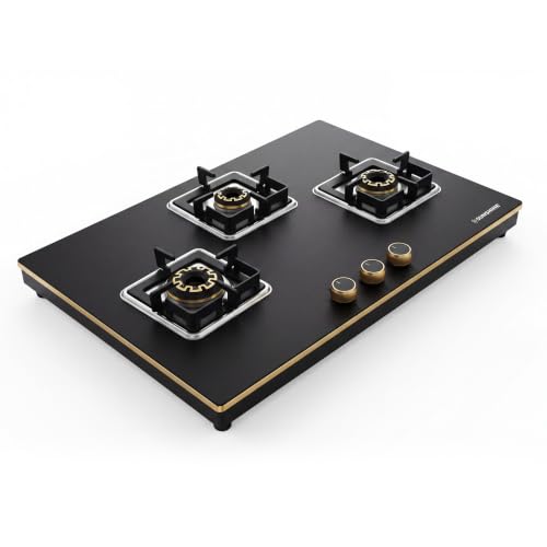 Image of Sunshine Shine Gold 3 Burner Gas Stove | Premium Glass Hob Top Cooktop | Auto Ignition | 10D Brass Burners | LPG & PNG Compatible | Golden Finish | 10 Year Glass & Burner Warranty | Black