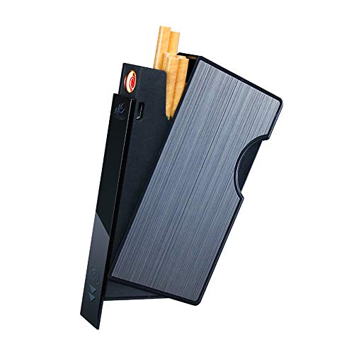 Pantheraa - Estuche para cigarrillos con encendedor (20 unidades, 100 cigarrillos, USB electrónico, 100 mm, 2 en 1, portátil, sin llama, resistente al viento), negro
