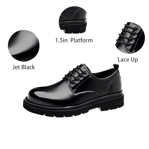 Image of Men's Vintage Leather Lace Up Platform Oxfords Shoes Black Round Toe Soft Rubber Sole Non-Slip Waterproof Business Formal Derby Dress Shoes