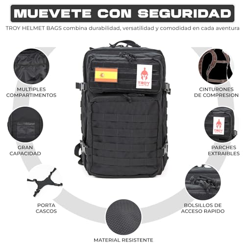 TROY HELMET BAGS Mochila táctica militar con porta casco para moto, patinete eléctrico, seguridad, patines, boxeo, escalada, bicicleta, esquí, snowboard, equitación. Bolsa crossfit gimnasio. (Negro) - imagen 5