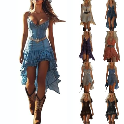 Western Cowgirl Dress for Women, Deep V Neck Western Dresses to Wear with Boots, Boho Sexy Vintage Country Concert Dress