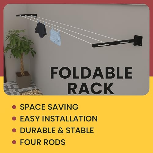 Image of JIALTO Wall-Mounted Foldable Clothes Drying Rack- Heavy Duty Space Saving Laundry Drying Stand for Balcony, Indoor & Outdoor Utility Room- Black Wall Dryer for Clothes & Towels