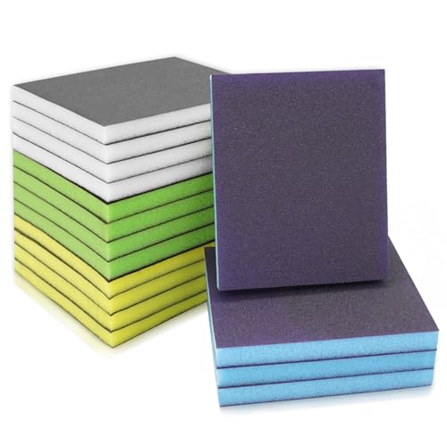 TayBong Sanding Sponges Set of 16, 100 x 120 mm, Grit 240-800, Flexible Wet/Dry Sandpaper, Hand Sanding Blocks for Wood, Crafts, Drywall, Metal, Car Body and Ceramics