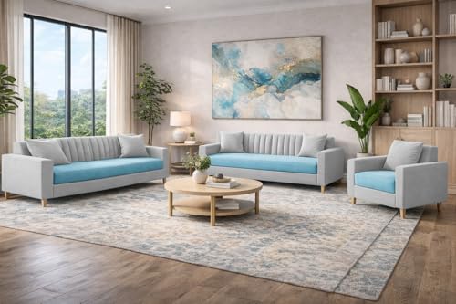 Image of Casaliving Garcia 3+2+1 Seater Sofa Set for Living Room (Turquise Grey Colour) Premium Fabric Sofa