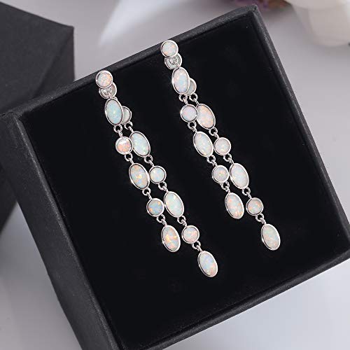 Cinily Ladies Opal Drop Earring 18K White Gold Plated Tiny Round Oval White Opal Ear Stud Dangle Earrings Gemstone Earrings #TOP1