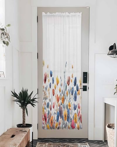 Watercolor Daisy Flower French Door Curtain, Sheer Door Curtains for