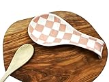 Checkered Spoon Rest for Kitchen Counter - Cooking Spoon Holder for Stove Top - Large Utensil Spatula Spoon Rest - Cute Kitchen Gadgets Gift for Housewarmings - Distressed Checkerboard Pink and White
