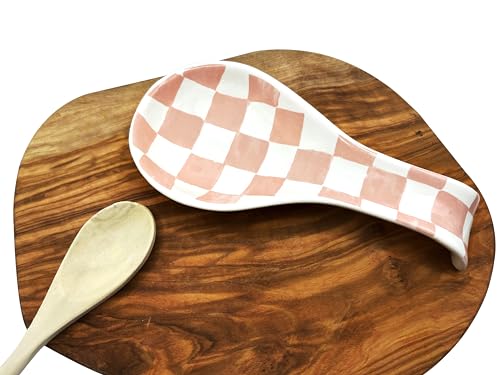 Checkered Spoon Rest for Kitchen Counter - Cooking Spoon Holder for Stove Top - Large Utensil Spatula Spoon Rest - Cute Kitchen Gadgets Gift for Housewarmings - Distressed Checkerboard Pink and White