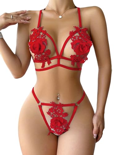 Avidlove Lingerie Sets for Women Sexy 2 Piece Bra Panty Set Appliques Cut Out Outfits for Women Red