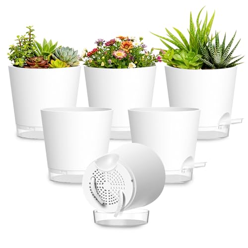 SQKH Plant Pots 7 Inch Self Watering Pots, 6 Pack Plastic Planters with Drainage Holes and Clear Saucers,Plastic Flower Pots for Indoor Out Door Plants(White)