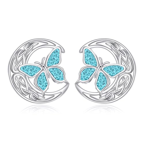 URONE Butterfly/Hummingbird/Dragonfly Earrings 925 Sterling Silver Celtic Moon Stud Earrings Turquoise Butterfly/Hummingbird/Dragonfly Jewelry Gifts For Women