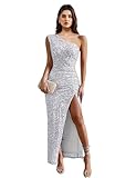 Zeflows Womens Sequin One Shoulder Sleeveless Wedding Guest Dresses High Split Sparkly Glitter Gowns Bodycon Maxi Dresses, White-L