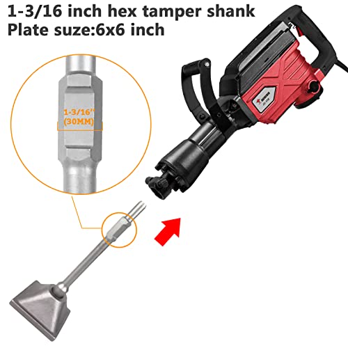 JACKCHEN 1-3/16 inch (30mm) Tamper Shank, Jack Hammer Plate Tamper 6x6\" Plate with Electric Chisel Dirt Compactor, Tamper Shank and Plate , Gas Powered and Electric Demolition Concrete Breaker