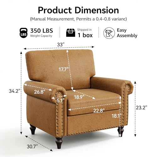 Image of Nailhead Trim Accent Chairs Set of 2,Faux Leahter Mid Century Modern Living Room Arm Chairs,Comfy Bedroom Reading Chair for Adults,Cozy Single Sofa Corner Side Room Chair,Saddle Brown