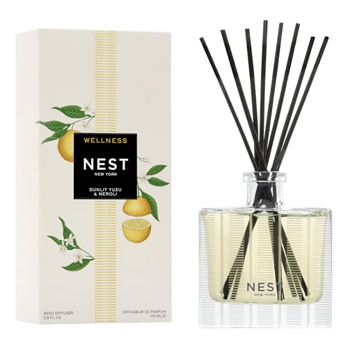 NEST New York Reed Diffuser, Sunlit Yuzu & Neroli - 5.9 fl oz - Fragrance for Up to 90 Days - Reusable, Refillable Glass Holder - Includes 8 All-Natural Reed Sticks - Flame Free