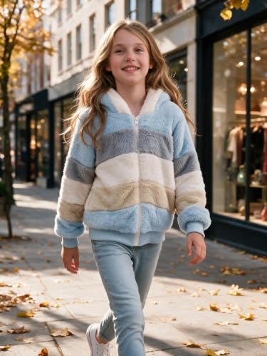 Image of Girls Fleece Jackets Kids Sherpa Fuzzy Zip up Hoodie Fall Winter Contrast color Pullover Sweatshirt 4-12 Years
