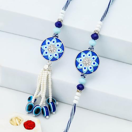 Image of eCraftIndia Floral Evil Eye Designer Rakhis for Brother and Bhabhi | Bhaiya Bhabhi Rakhi Set of 2 | Lumba Rakhi | Best Bro Ever Fridge Magnet | Roli Chawal Pack