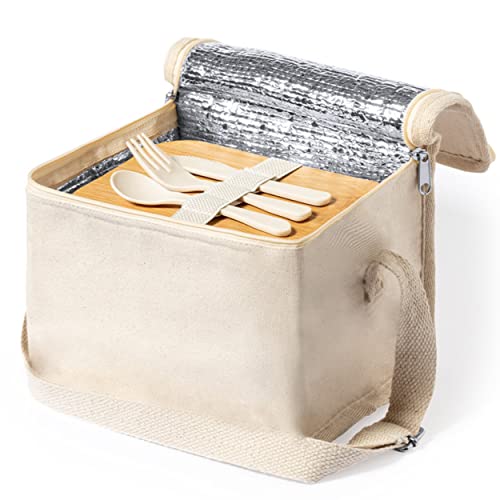 Bolsa isotérmica con fiambrera integrada con cubiertos de algodón natural y revestimiento isotérmico