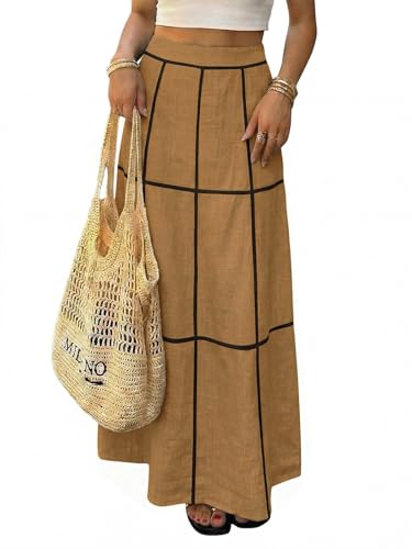 EXLURA Womens Boho Maxi Skirts Summer Flowy Faux Linen Long Skirts Pockets