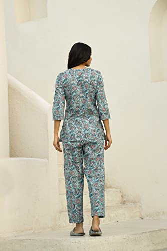 Image of SANSKRUTIHOMES Women's Premium 100% Cotton Printed Co-Ord Set | Short Sleeve Shirt & Pant Set | Pink Checkered Sun & Palm Tree Print | Casual Summer Resortwear, Vacation Wear & Comfortable Loungewear