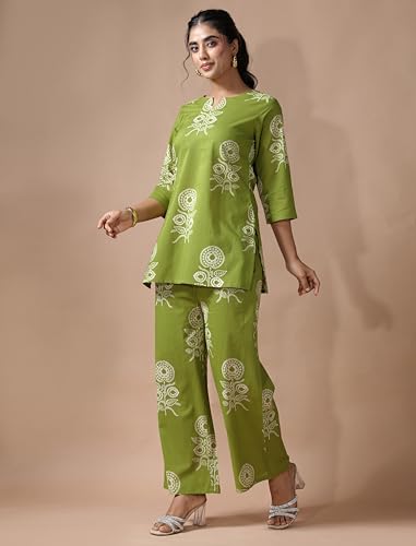 Image of Pinkmint Women's Pure Cotton Co Ord Set l Kurta Sets for Women |Kurta Sets| Printed Kurta with Pant l Stylish Pocket & 3 /4 Sleeve Women Co-ord Set (Avaiable in Plus size)
