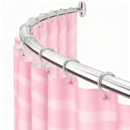 Image of Expandable Curved Shower Curtain Rod,48-72 Inch Adjustable Tension Shower Rod for Bathroom, Rustproof, Non Slip, Easy Install, Adds Space in Shower,Silver,Stainless Steel,Need to Drill