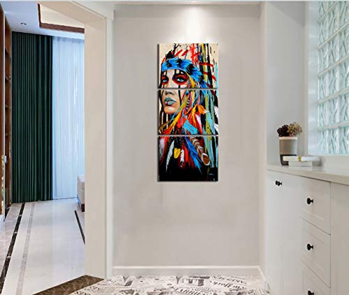 Graffiti Wall Art Native American Canvas Painting Indian Girl Warrior Feathered Women Chief Wall Art Picrure With Vivid Color Fighting Buffalo Print Poster Artwork Framed Ready To Hang12"Wx16"Hx3Pcs #TOP3