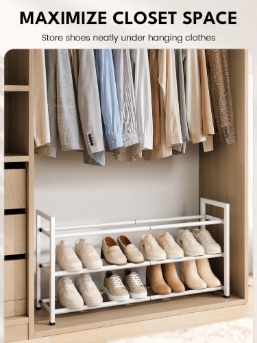Image of Bumusty 3-Tier Expandable Shoe Rack for Closet, 18 inch-33 inch Adjustable Shoe Rack for Small Space, Small Shoe Organizer for Front Door, Sturdy Metal, White