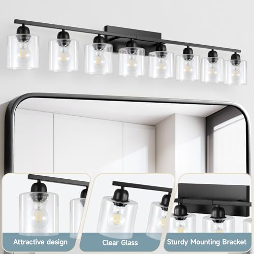 Image of Modern 8 Light Bathroom Light Fixtures, 52 inch Vanity Lights for Bathroom with Clear Glass, Black Bathroom Light Fixture for Mirror Kitchen Living Room Hallway Cabinet Porch