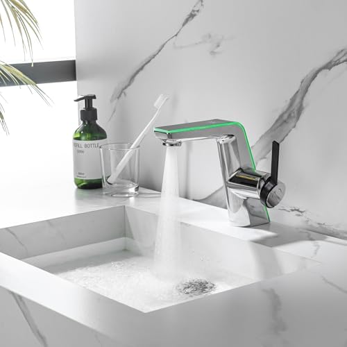Waschtischarmatur Wasserhahn Bad Chrom mit LED-Temperaturanzeige Badarmatur | Messing Einhebelmischer Badarmatur Waschbecken LakeBayMZC Mischbatterie Armatur für Badezimmer mit Aus