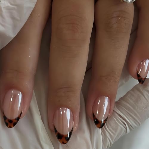 JOYVVEW Chrome Brown French Tip Press on Nails Short Square Tortoise Shell Fake Nails Press ons Reusable Sparkle Glue On Nails Design French Tip Nail for Women in 15 Sizes 30 Pcs