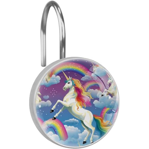 Cloud Rainbow Unicorns Shower Curtain Hooks, Decorative Curtain Rings Rust Resistant Glass Shower Hooks for Bathroom Shower Rods,1 Pack Rustproof Stainless Steel Rings for Curtain and Liner