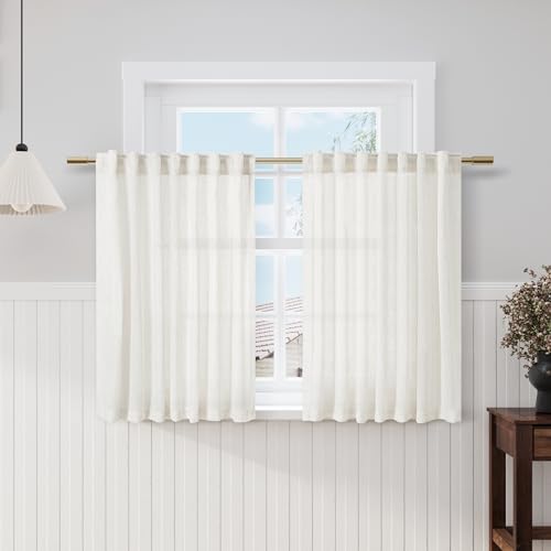 Image of Beige White Kitchen Cafe Curtains 45 Inch Long 2 Panel Back Tab Translucent Light Filtering Short Modern Farmhouse Basement Window Bathroom Living Room Small Curtains 52x45